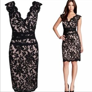 Tadashi Shoji black white lace sheath v neck dress women's size 6 petite.
